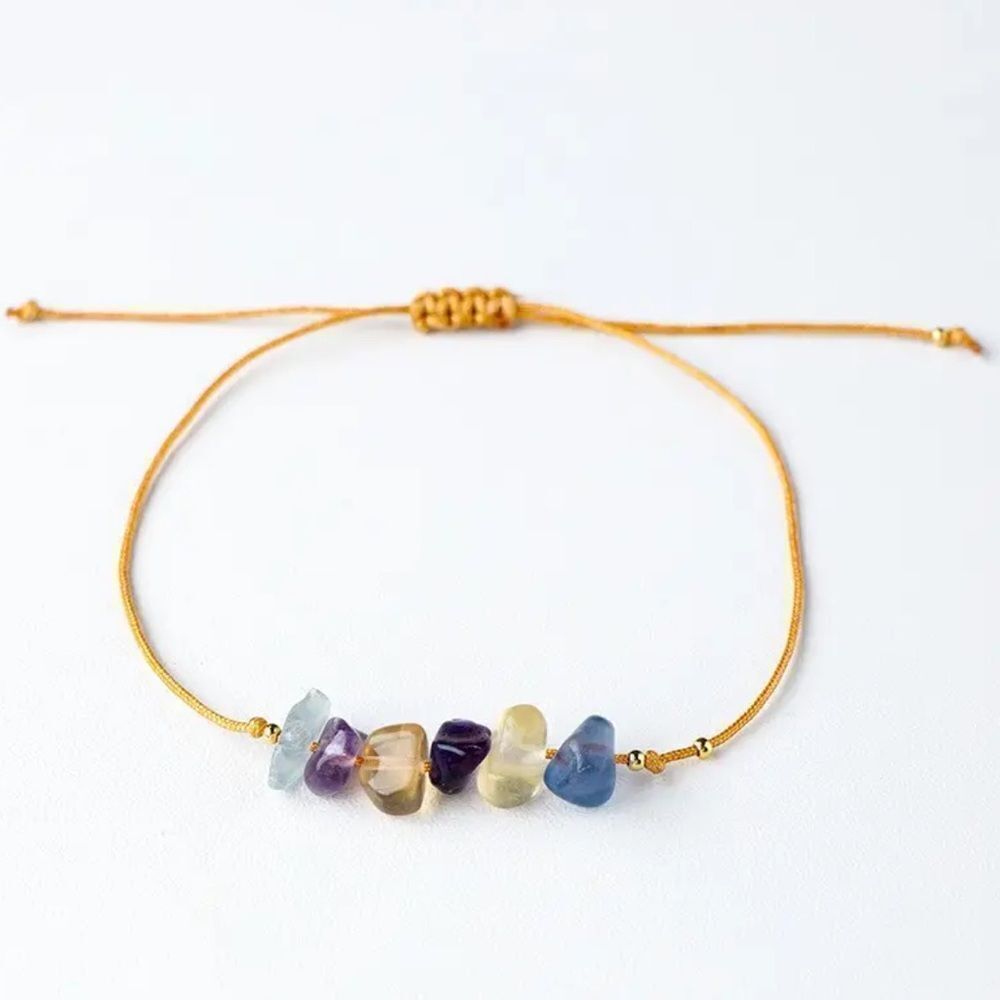 Multi-Color Raw Crystal Chip Bracelet - Boho Gold Silk Cord